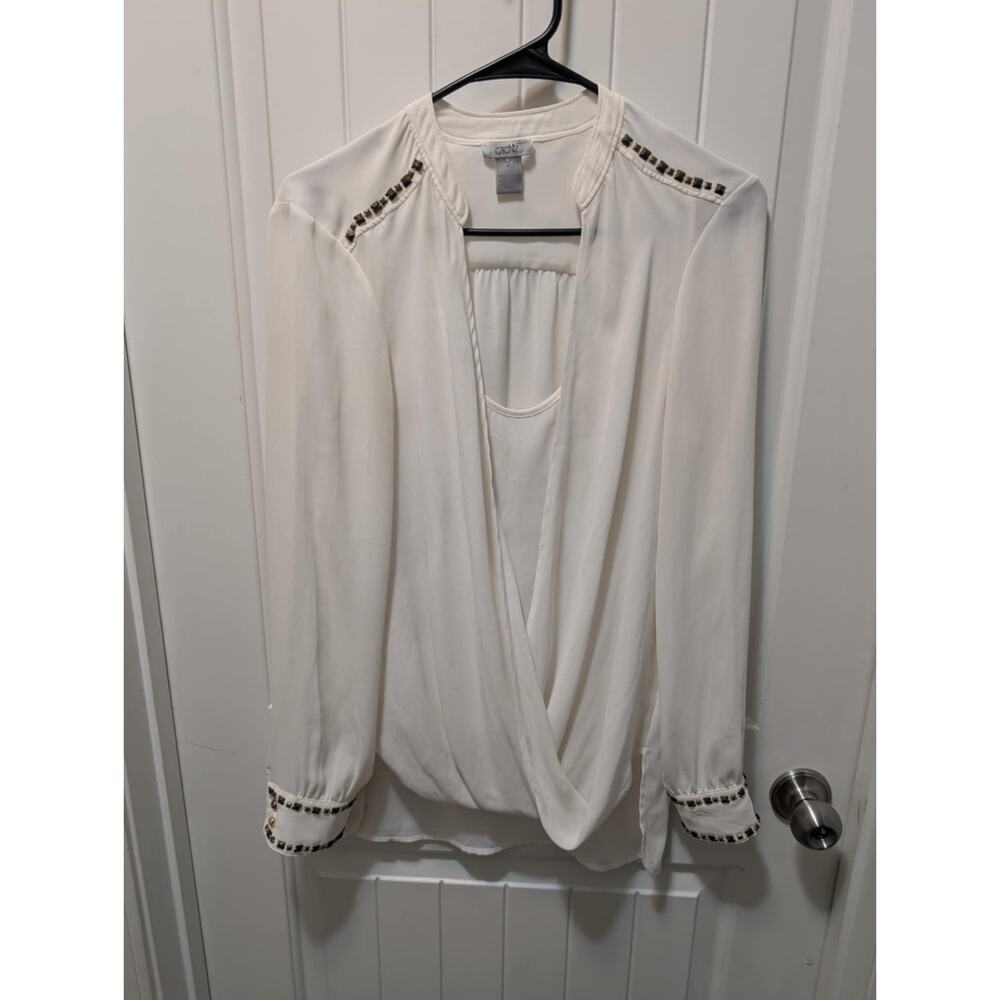 Cache' Longsleeve White Studded Accents Blouse Dressy Work Top Size M MSRP $115